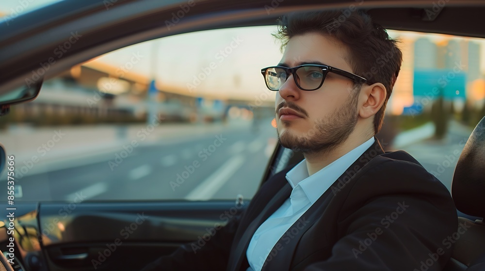 Young man in glasses and suit driving into a parking near a shopping center in the city Transport business and people concept Real time : Generative AI Young man in glasses and suit driving into a parking near a shopping center in the city Transport business and people concept Real time : Generative AI