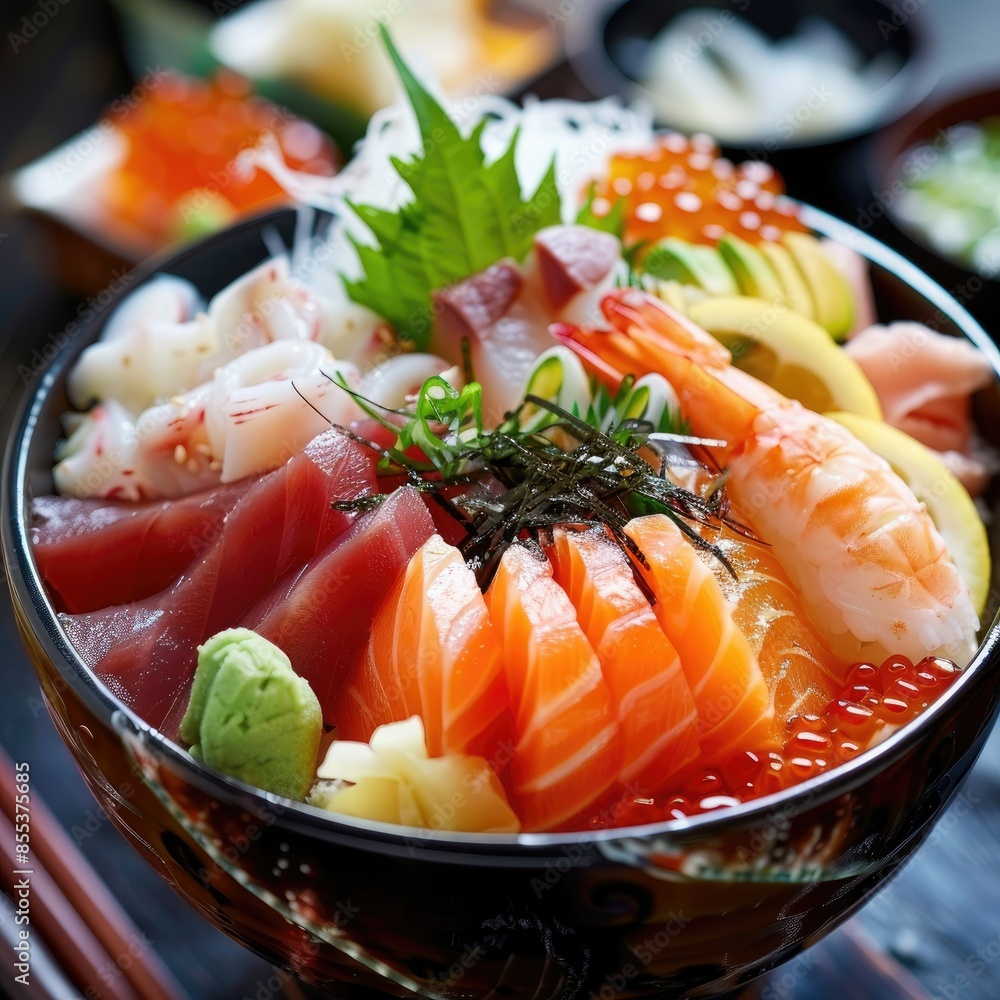 Close-up of a colorful chirashi sushi bowl brimming with fresh seafood delicacies at an authentic Japanese eatery Close-up of a colorful chirashi sushi bowl brimming with fresh seafood delicacies at an authentic Japanese eatery