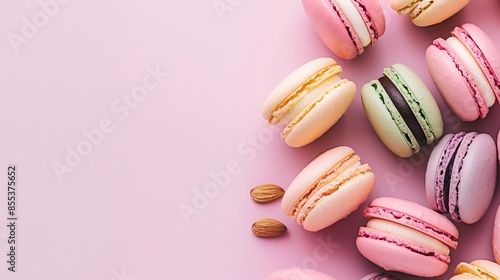 Wallpaper Mural Colorful french desserts Cake macaroons or macaroon on pink background colorful almond cookies pastel colors macaroon for sweet break mock up Flat lay top view : Generative AI Torontodigital.ca