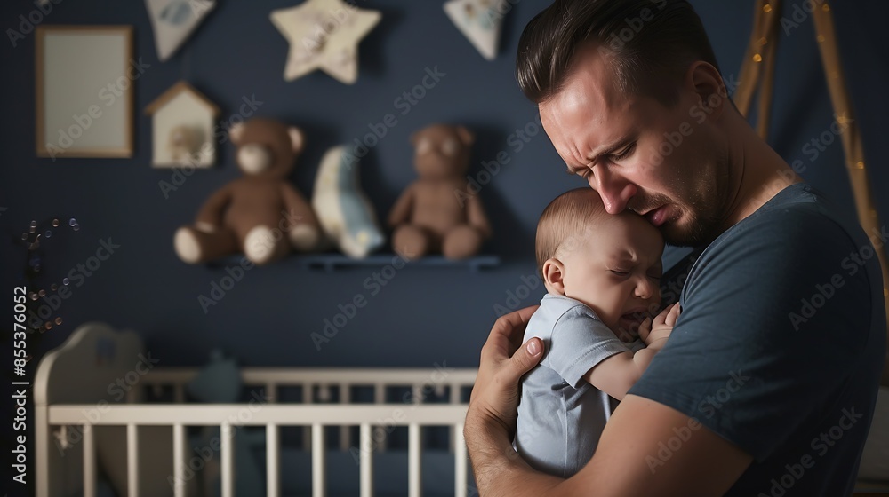 caring single father holding his crying infant son near baby crib in nursery fatherhood and love : Generative AI caring single father holding his crying infant son near baby crib in nursery fatherhood and love : Generative AI