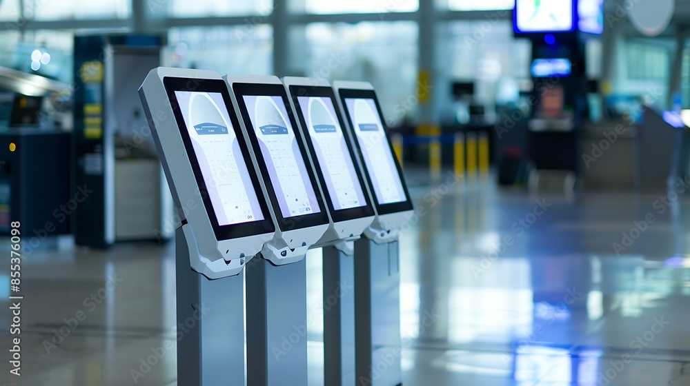 Three touch display kiosks in a row at airport : Generative AI Three touch display kiosks in a row at airport : Generative AI