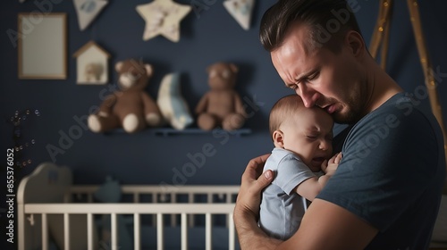 caring single father holding his crying infant son near baby crib in nursery fatherhood and love : Generative AI