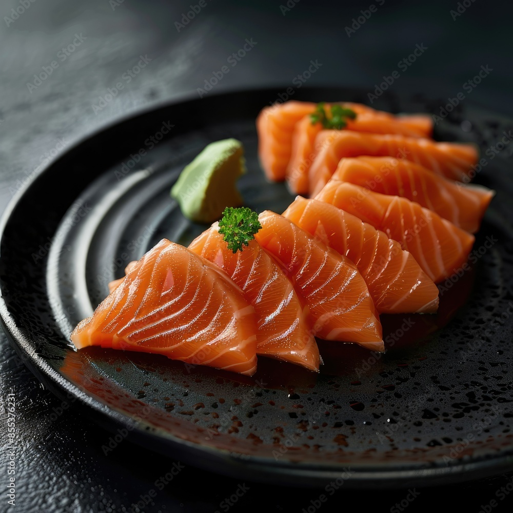 Close-up shot of mouth-watering salmon sashimi slices on a chic black plate, gourmet dining concept Close-up shot of mouth-watering salmon sashimi slices on a chic black plate, gourmet dining concept