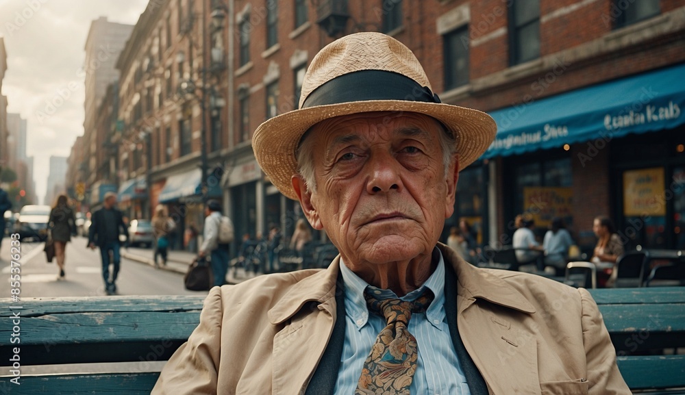 Elderly man sitting on a bench with hat Elderly man sitting on a bench with hat