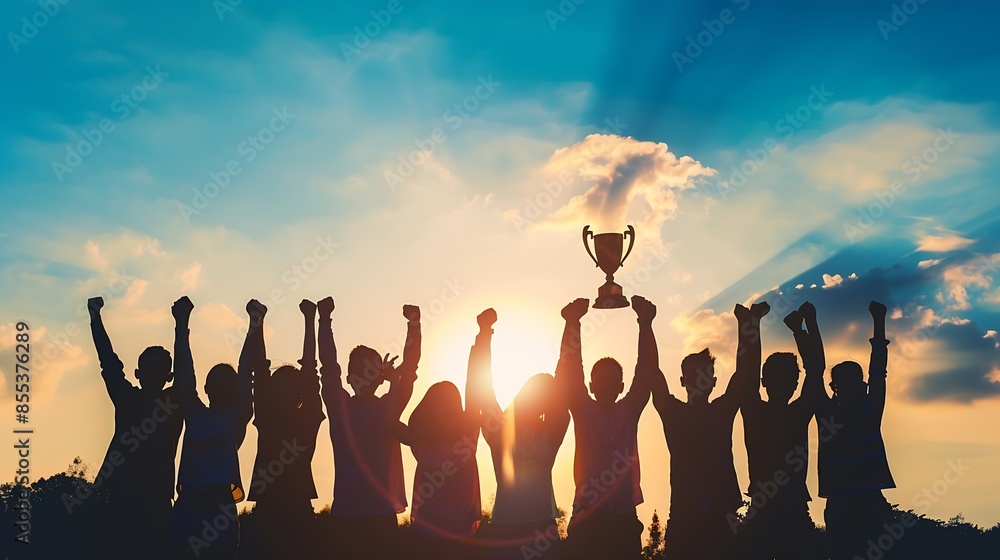 Success of teamwork joint achievement of goal in business and life Winning team is holding trophy in hands Silhouettes of many hands in sunset : Generative AI Success of teamwork joint achievement of goal in business and life Winning team is holding trophy in hands Silhouettes of many hands in sunset : Generative AI