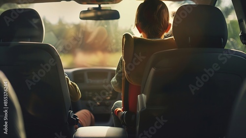 Rear view of unrecognizable young mom placing child safety seat with infant baby boy on back passenger seat Concept of safety lifestyle driving and travel : Generative AI