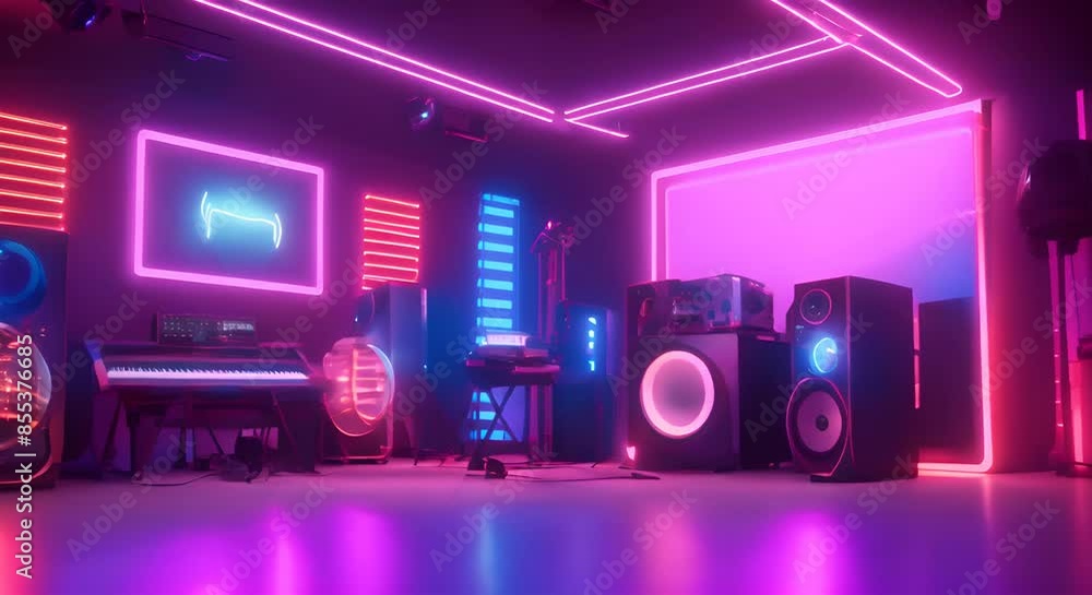 Music studio with neon lights musical instruments and sound equipment arranged in the center of an empty room Seamless looping time lapse video animation background 4k Music studio with neon lights musical instruments and sound equipment arranged in the center of an empty room Seamless looping time lapse video animation background 4k