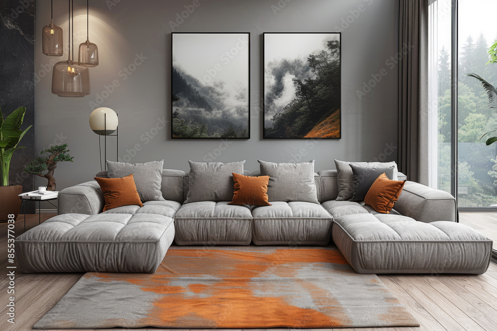 Panoramic Gray Living Room with Poster Panoramic Gray Living Room with Poster