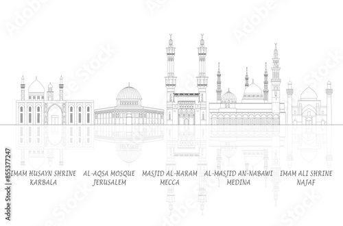 Outline Skyline Panorama of the Most Famous Mosques - vector illustration
