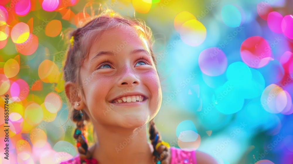 Happy girl with braided hair smiling against a vibrant, colorful bokeh background, capturing a joyful and playful moment. Happy girl with braided hair smiling against a vibrant, colorful bokeh background, capturing a joyful and playful moment.
