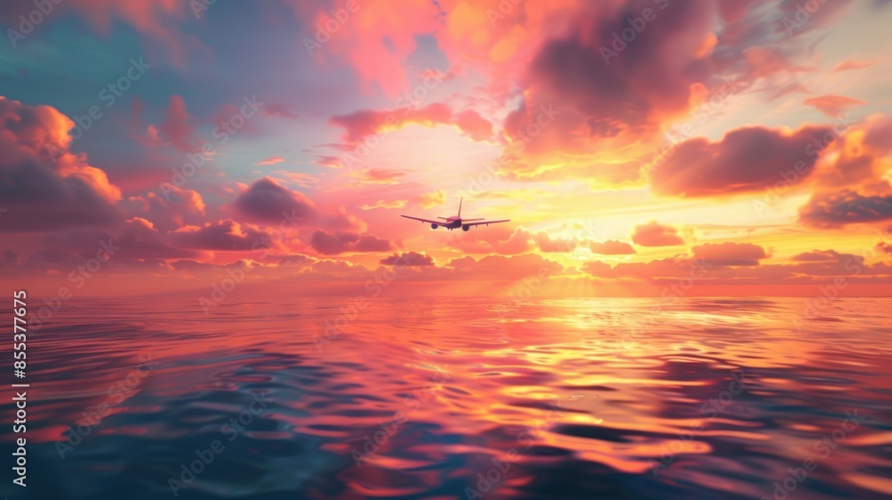 An airplane soaring over the ocean during a stunning sunset, with vibrant pink and orange hues reflecting on the water. An airplane soaring over the ocean during a stunning sunset, with vibrant pink and orange hues reflecting on the water.