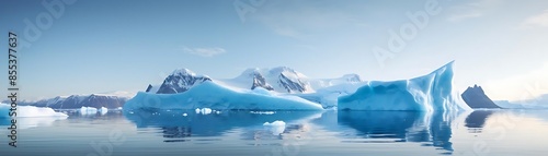 arctic icebergs float peacefully on calm blue waters under a clear blue sky, with a single white cloud in the distance