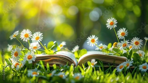 Fototapeta Naklejka Na Ścianę i Meble -  An open book lies amidst blooming daisies in a sunlit garden, creating a serene and picturesque outdoor reading scene.