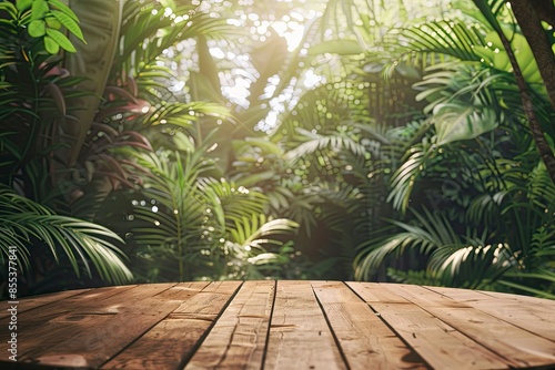 Wood tabletop podium floor in outdoors tropical garden forest blurred green leaf plant nature background.Natural product placement pedestal stand display,jungle paradise concept - generative ai