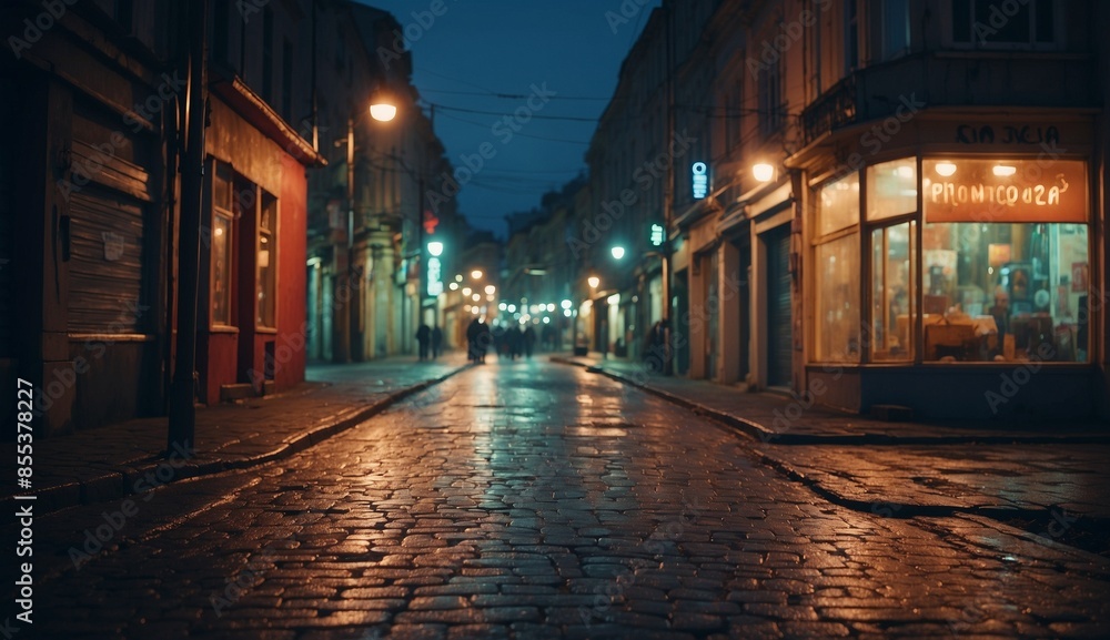 Cobblestone street at night with lights Cobblestone street at night with lights