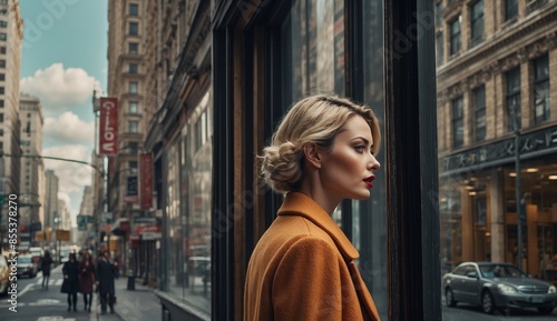 Woman looking out on city street