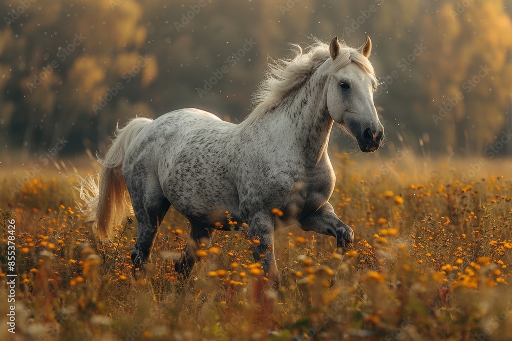 A beautiful white horse sprints across a verdant autumn field, showcasing its healthy and happy demeanor. A beautiful white horse sprints across a verdant autumn field, showcasing its healthy and happy demeanor.