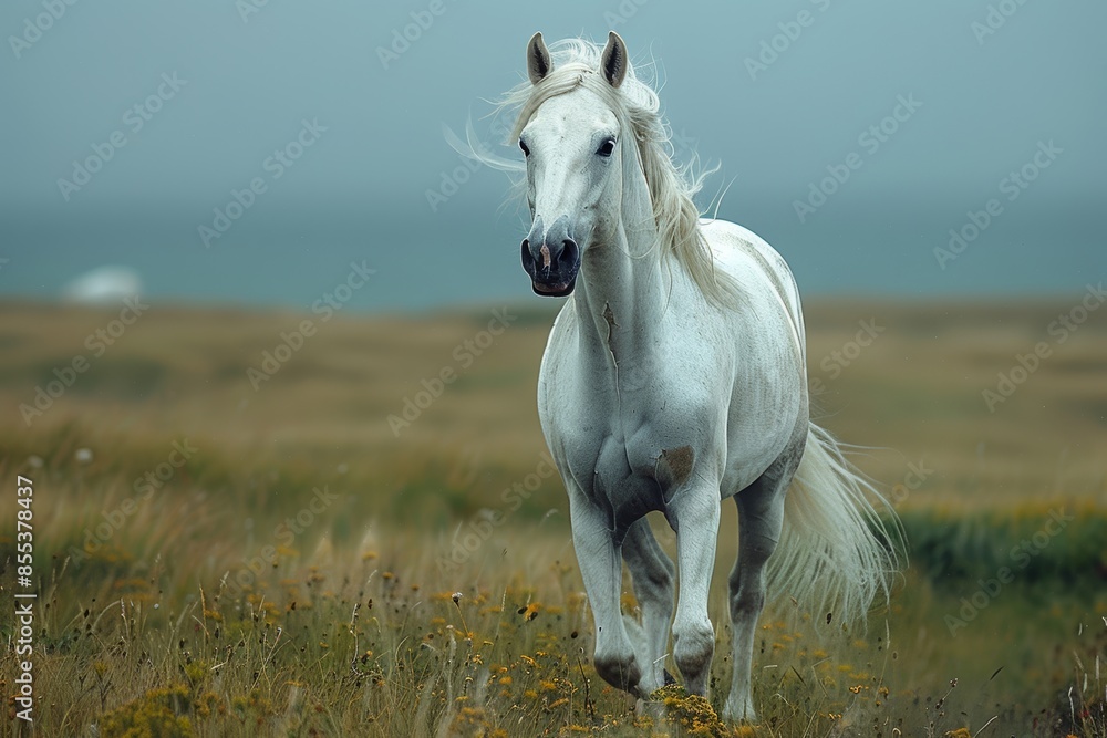 A beautiful white horse sprints across a verdant autumn field, showcasing its healthy and happy demeanor. A beautiful white horse sprints across a verdant autumn field, showcasing its healthy and happy demeanor.