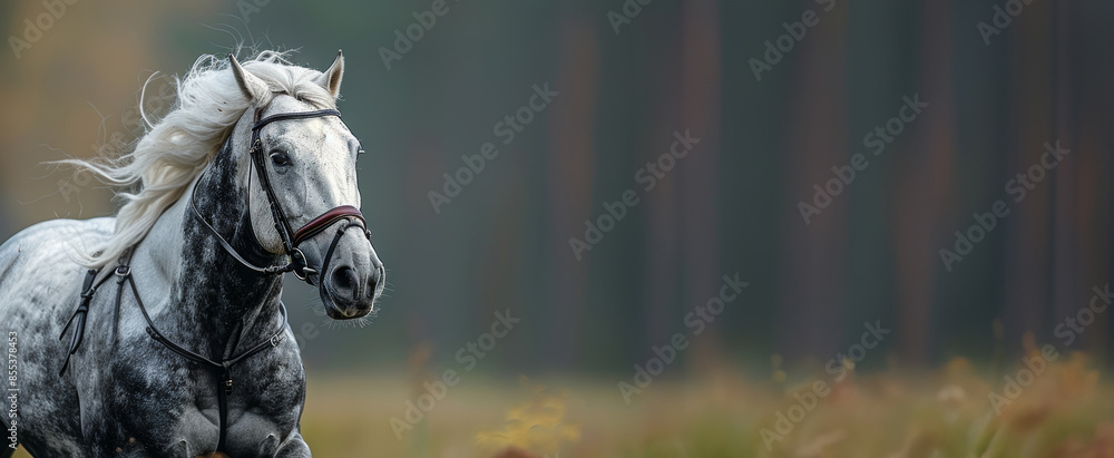 A beautiful white horse sprints across a verdant autumn field, showcasing its healthy and happy demeanor. A beautiful white horse sprints across a verdant autumn field, showcasing its healthy and happy demeanor.