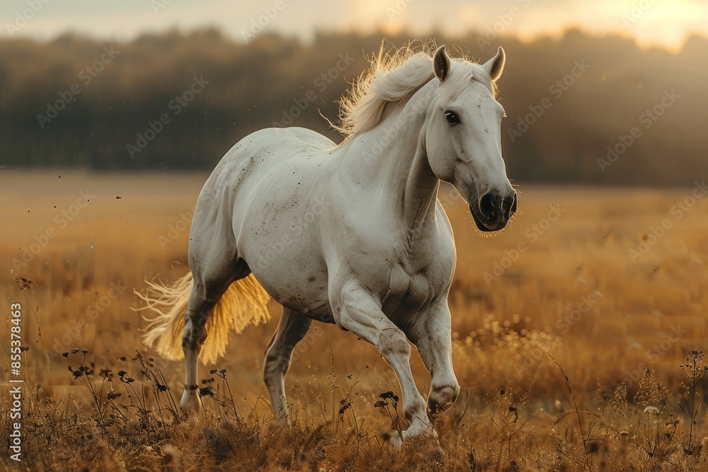 A beautiful white horse sprints across a verdant autumn field, showcasing its healthy and happy demeanor. A beautiful white horse sprints across a verdant autumn field, showcasing its healthy and happy demeanor.