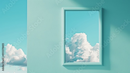 Surreal scene with window showing clouds, minimalistic concept
