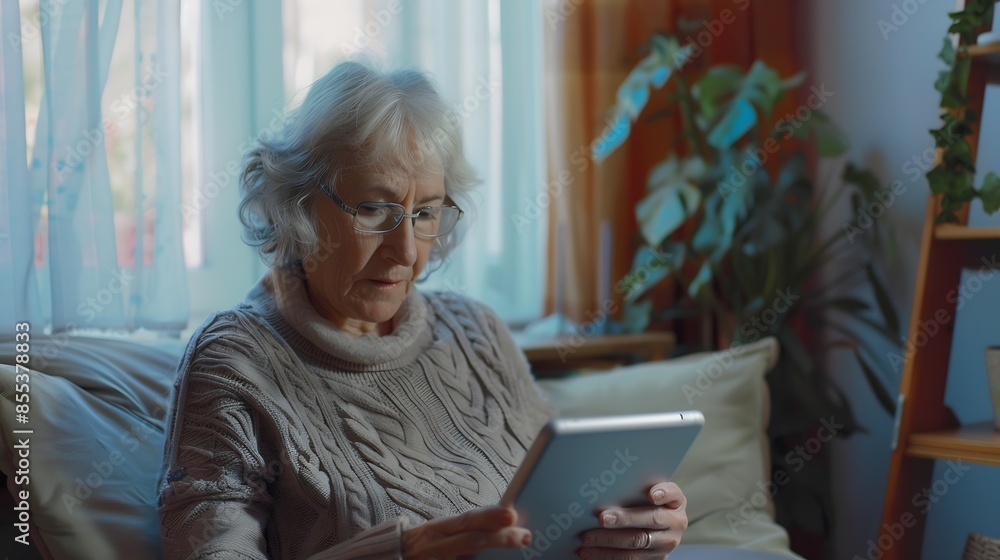 Beautiful middleaged woman using a computer tablet to read a book and surf internet Modern technologies used by elderly people Mature woman using digital tablet at home : Generative AI Beautiful middleaged woman using a computer tablet to read a book and surf internet Modern technologies used by elderly people Mature woman using digital tablet at home : Generative AI