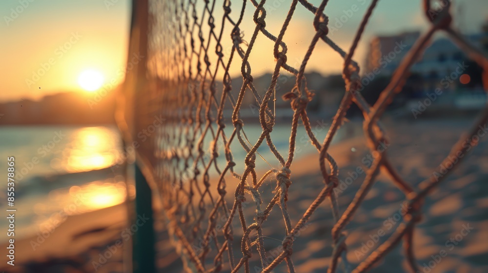A close-up of a beach volleyball net at sunset, with the sun setting over the horizon creating a bokeh effect in the background. A close-up of a beach volleyball net at sunset, with the sun setting over the horizon creating a bokeh effect in the background.