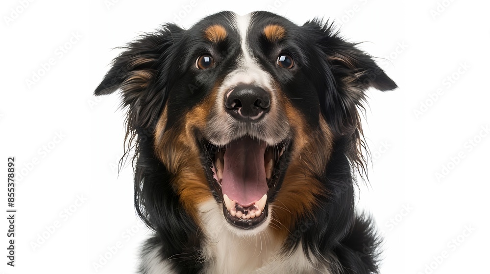 Black Tricolor Australian Shepherd panting mouth open and looking at the camera isolated on white : Generative AI Black Tricolor Australian Shepherd panting mouth open and looking at the camera isolated on white : Generative AI