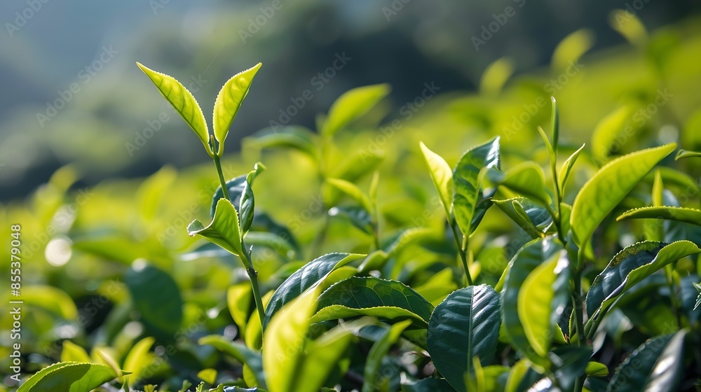 Obraz premium Green tea tree leaves field young tender bud herbal Green tea tree in camellia sinensis organic farm Close up Fresh Tree tea plantations mountain green nature in herbal farm plant back : Generative AI