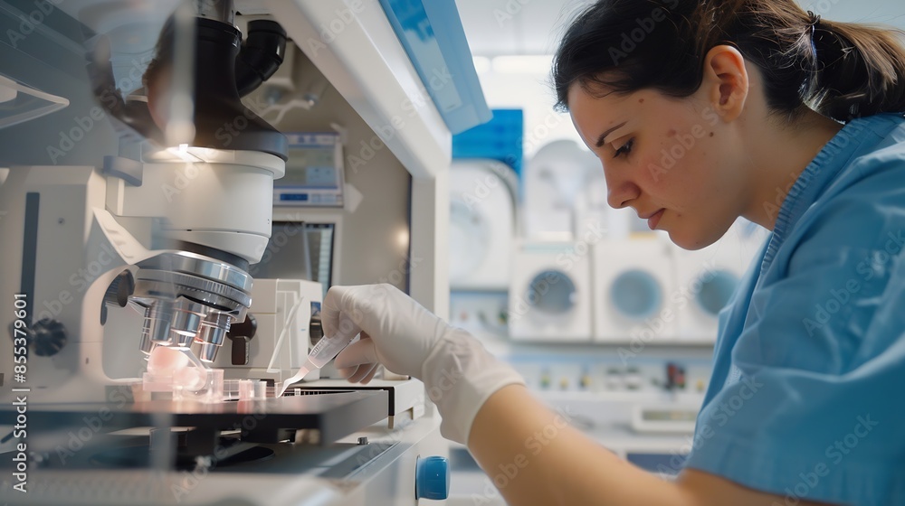 Real process of female embryologist assisted reproductive technologies fertilization vet examining sample artificial insemination infertility treatment in embryology laboratory : Generative AI