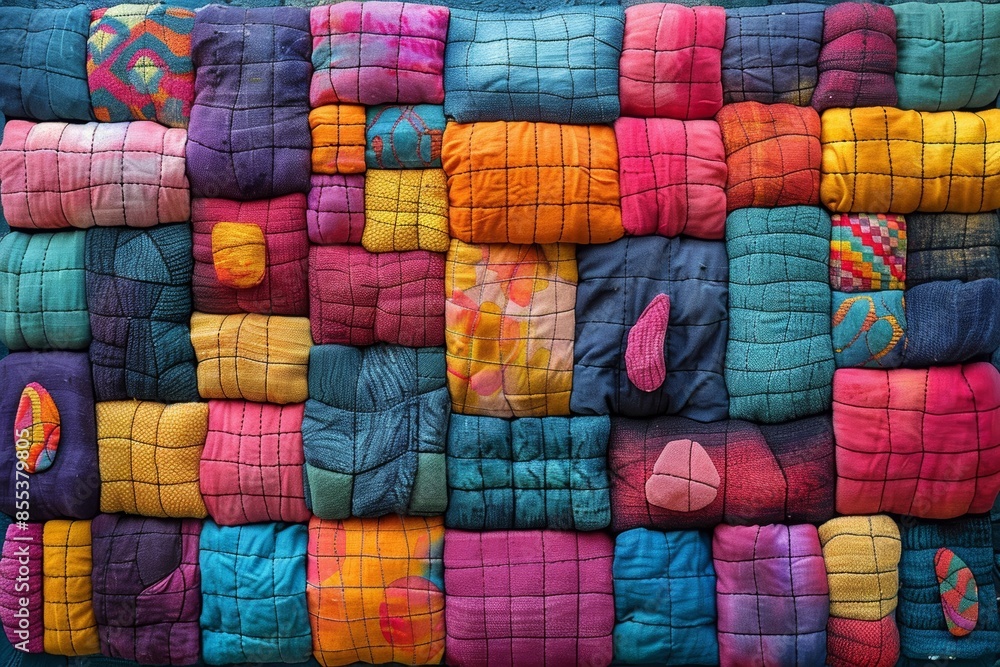 Grids of intricately sewn, embroidered, and knitted rectangles adorned with diverse flowers, colors, designs, and shapes create a vibrant display of creativity. Grids of intricately sewn, embroidered, and knitted rectangles adorned with diverse flowers, colors, designs, and shapes create a vibrant display of creativity.