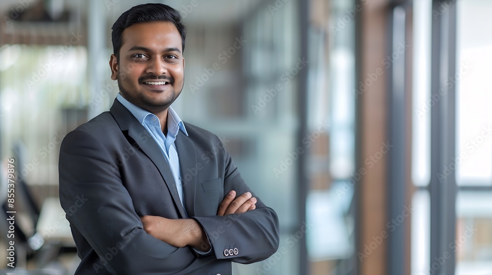 Happy Indian businessman professional leader standing arms crossed in office Smiling male employee business man company executive manager confident eastern entrepreneur at work portrai : Generative AI Happy Indian businessman professional leader standing arms crossed in office Smiling male employee business man company executive manager confident eastern entrepreneur at work portrai : Generative AI