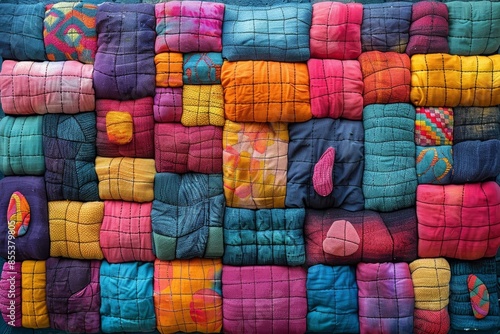 Grids of intricately sewn, embroidered, and knitted rectangles adorned with diverse flowers, colors, designs, and shapes create a vibrant display of creativity.