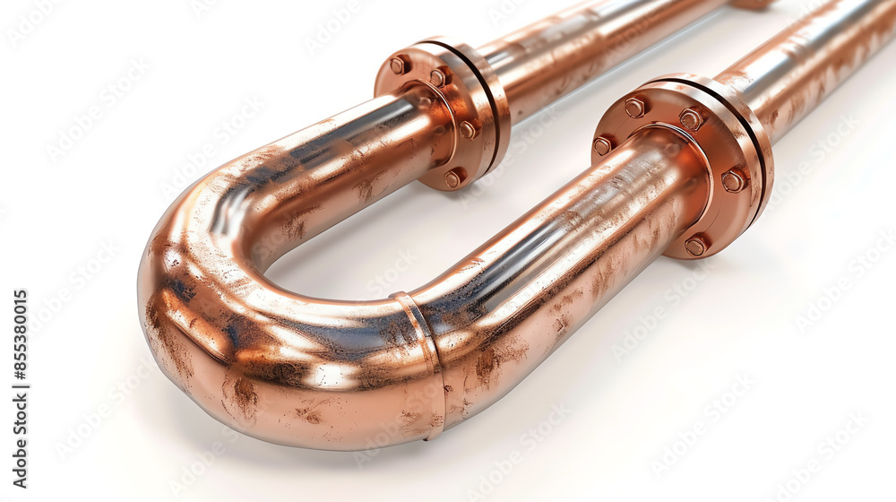 Fototapeta premium Close-up of shiny copper pipes with a U-bend on a white background, showcasing industrial plumbing and construction material.