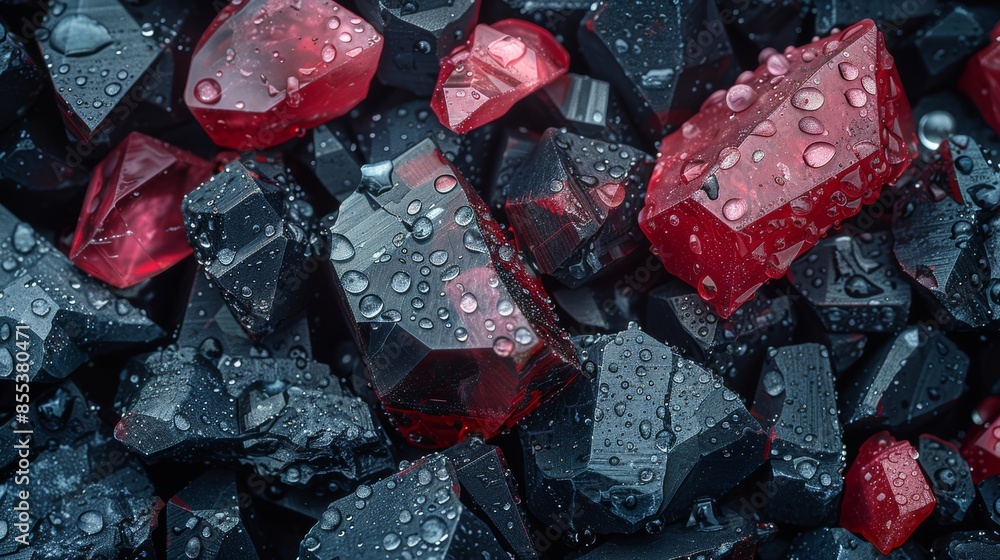 Wet black and red crystals with water droplets Wet black and red crystals with water droplets