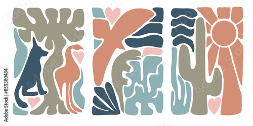 Set of three abstract paintings depicting elements of desert nature. Natural art prints inspired by Matisse, doodle-like design. Vector illustration isolated on transparent background.