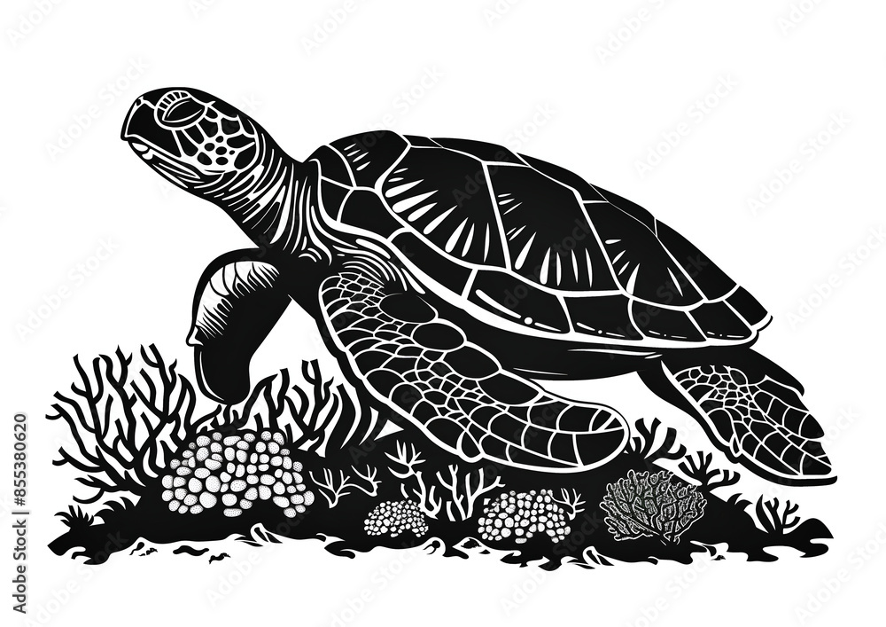 Fototapeta premium Black and white of a sea turtle swimming in a coral reef, with simple lines and contours isolated on a white background