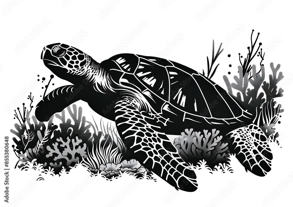 Black and white of a sea turtle swimming in a coral reef, with simple lines and contours isolated on a white background Black and white of a sea turtle swimming in a coral reef, with simple lines and contours isolated on a white background