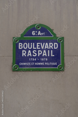 typical vintage parisian street name sign , Boulevard Raspail  photo