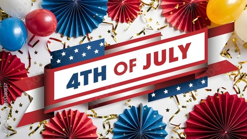 patriotic banner for the 4th of July with red, white, and blue decorations in the corners and a blank space in the center, 4th of July, USA Presidents Day, Independence Day concept, flat lay