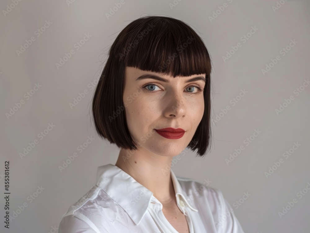 She wore a white collared shirt in the office and her hair was cut very short with wide bangs, her bangs cut in the middle of her forehead She wore a white collared shirt in the office and her hair was cut very short with wide bangs, her bangs cut in the middle of her forehead