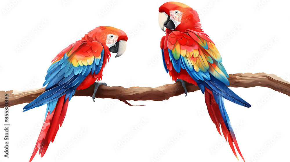 Fototapeta premium two parrots on a branch on white background, 