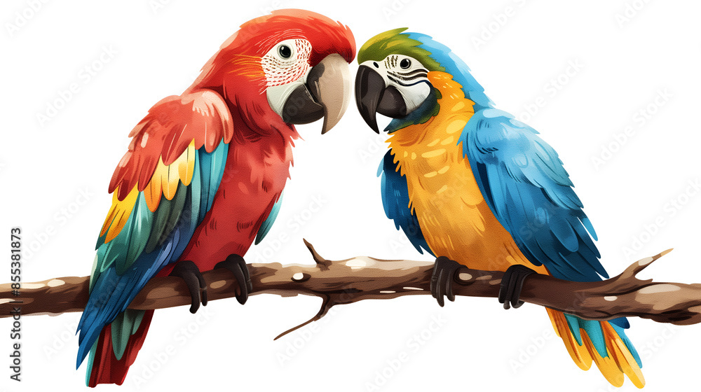 Fototapeta premium two parrots on a branch on white background, 
