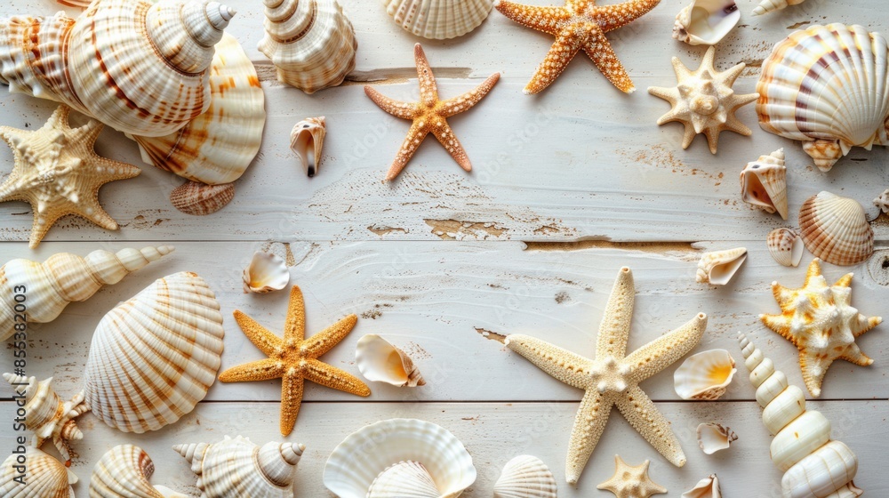 Assorted seashells and starfish arranged on a rustic wooden surface, showcasing the natural beauty of sea treasures. Assorted seashells and starfish arranged on a rustic wooden surface, showcasing the natural beauty of sea treasures.