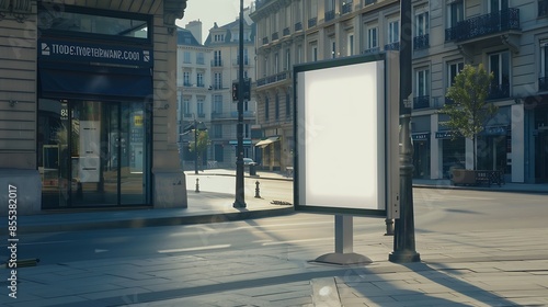 blank white poster and advertiser ad space digital outdoor display lightbox and billboard street corner mockup base empty display panel glass design soft streetscape shopping street ba : Generative AI