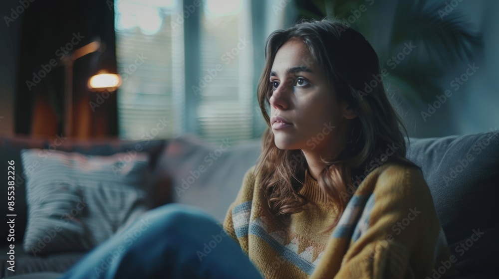 A young woman deep in thought, sitting in a cozy room with soft lighting, capturing a moment of reflection and introspection. A young woman deep in thought, sitting in a cozy room with soft lighting, capturing a moment of reflection and introspection.