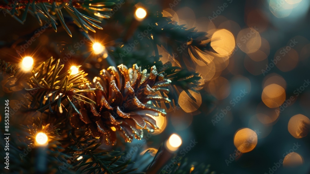 A close-up of a pinecone ornament on a Christmas tree with warm lights, evoking a festive holiday atmosphere. A close-up of a pinecone ornament on a Christmas tree with warm lights, evoking a festive holiday atmosphere.
