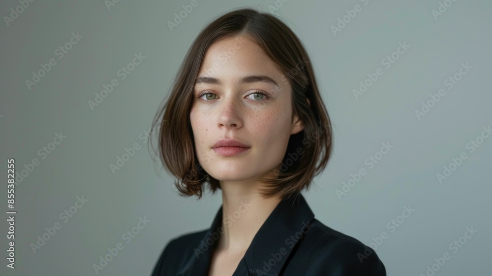 Elegant young woman in stylish black blazer portrait on grey background for fashion and beauty concept Elegant young woman in stylish black blazer portrait on grey background for fashion and beauty concept
