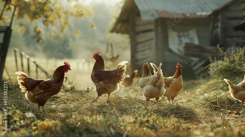 Chickens in farm at sunny day : Generative AI