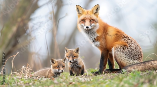 Wallpaper Mural A red fox mom vixen and 2 kits appear outside their den   Mom scans the area for danger as the kits cling to her side kits cubs female babies den red alert spring : Generative AI Torontodigital.ca